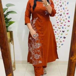 Rust Brown Embroidered Kurti with Straight Pants for Women