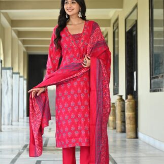 Red Printed Kurta Set with Dupatta for Women
