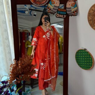 Rust Orange Embroidered Kurta Set with Matching Dupatta for Women