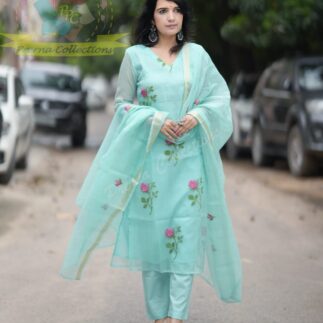 Sea Green Floral Embroidered Kurta Set with Dupatta for Women