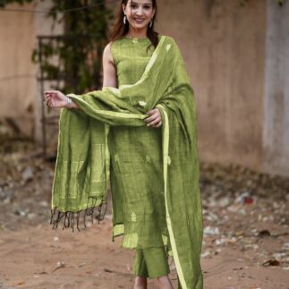 Olive Green Cotton Kurta Set with Handwoven Dupatta