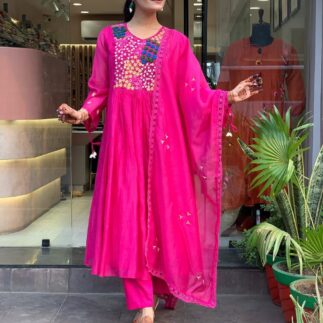 Bright Pink Embroidered Kurta Set with Dupatta for Women