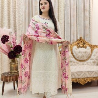 Ivory Embroidered Kurta Set with Floral Printed Dupatta