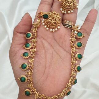 Antique Finish Stone-Studded Necklace Set with Jhumka Earrings
