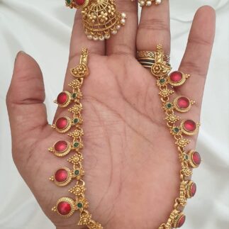 Antique Finish Red & Green Stone Necklace Set with Jhumka Earrings