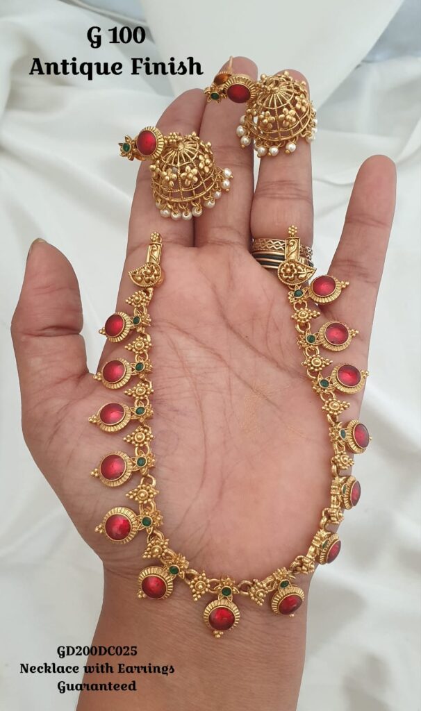 Antique Finish Red & Green Stone Necklace Set with Jhumka Earrings