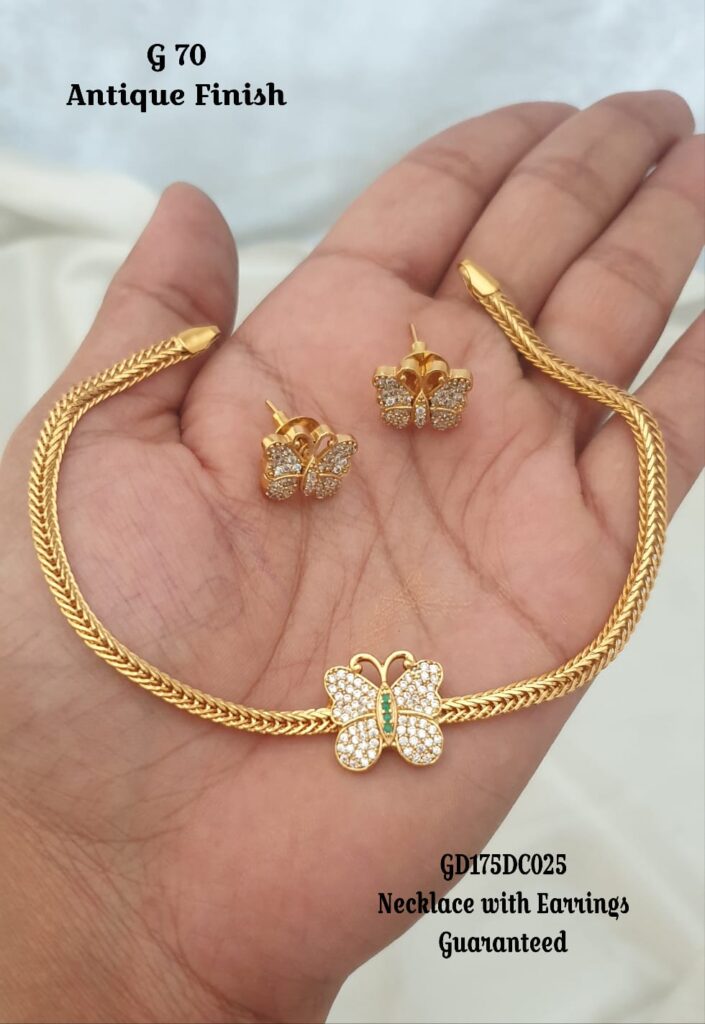 Antique Finish Butterfly Pendant Necklace Set with Stud Earrings