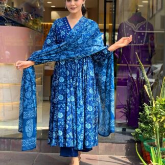 Indigo Blue Floral Printed Cotton Kaftan Kurti