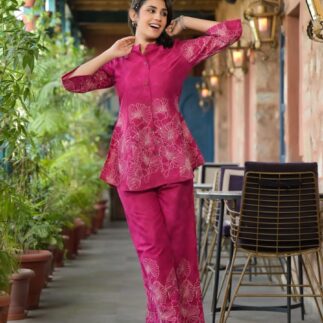 Magenta Floral Embroidered Kurta with Straight Pants Set