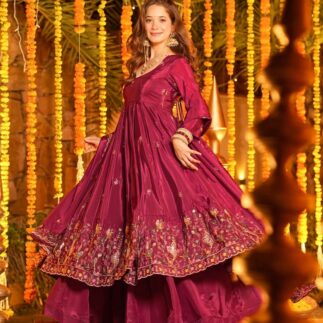 Women’s Wine Purple Embroidered Anarkali Gown with Matching Dupatta