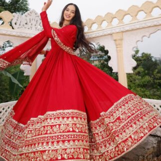 Women’s Elegant Red Anarkali Gown with Heavy Embroidered Border & Dupatta