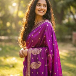 Women’s Mustard Yellow Silk Saree with Gold Zari Motifs & Rich Woven Border