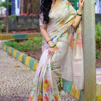 Women’s Cream Floral Printed Soft Silk Saree with Elegant Pastel Design
