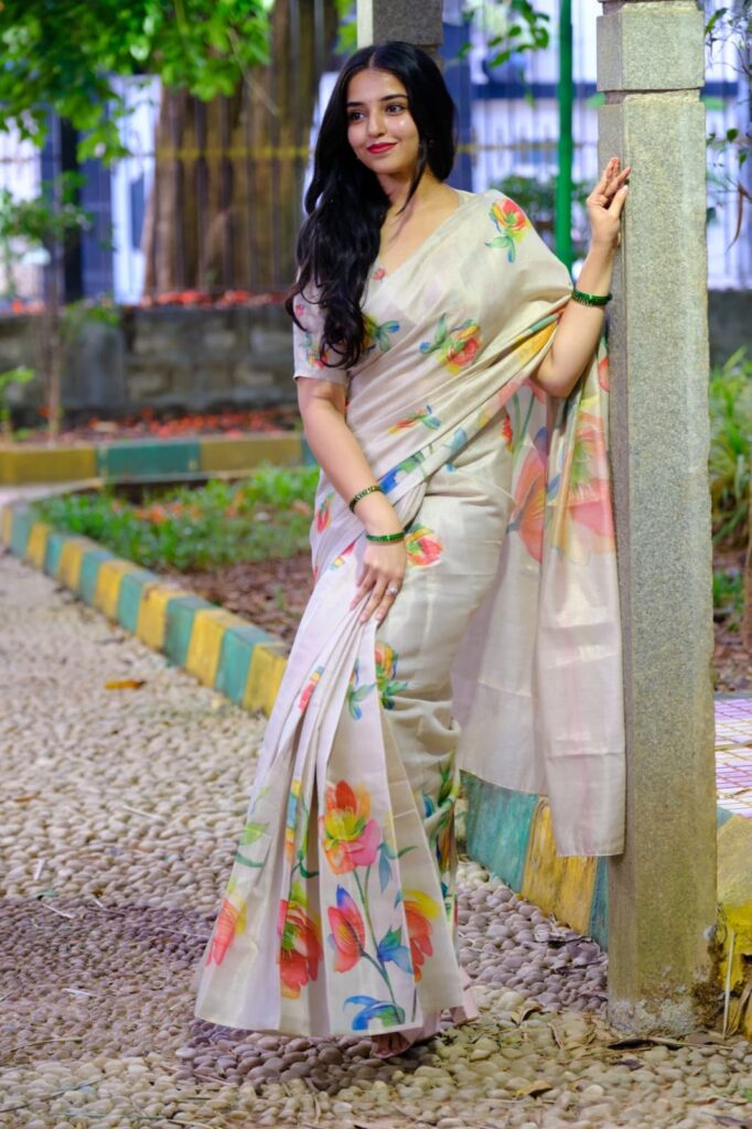 Women’s Cream Floral Printed Soft Silk Saree with Elegant Pastel Design