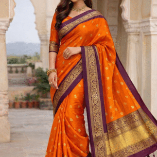 Women’s Orange Silk Saree with Purple Zari Border & Traditional Motif Weaving