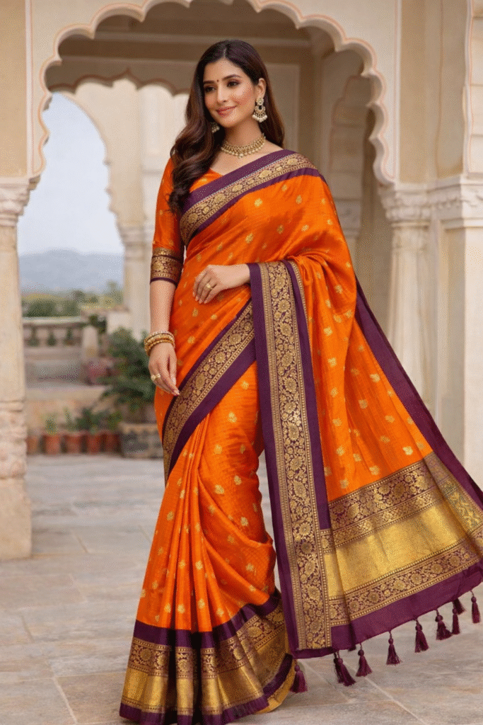 Women’s Orange Silk Saree with Purple Zari Border & Traditional Motif Weaving