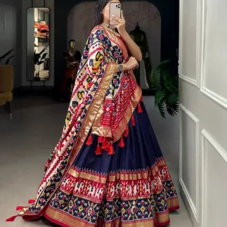 Women’s Patola Printed Tussar Silk Lehenga Choli with Foil Work & Tassel Dupatta