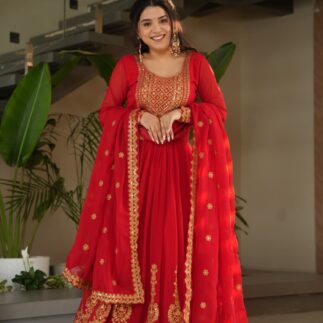 Women’s Red Embroidered Anarkali Gown with Matching Dupatta