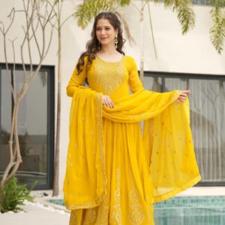 Women’s Mustard Yellow Embroidered Anarkali Gown with Dupatta